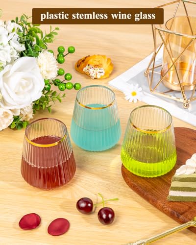 Goodluck 36 Pack 12oz Stemless Plastic Wine Glasses – Clear Ribbed Cups with Gold Rim, Fancy Reusable Disposable Drinkware...