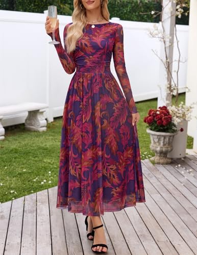 MEROKEETY Women's Long Sleeve Spring Wedding Guest Dress 2026 Crewneck Floral Flowy Mesh Cocktail Maxi Dresses