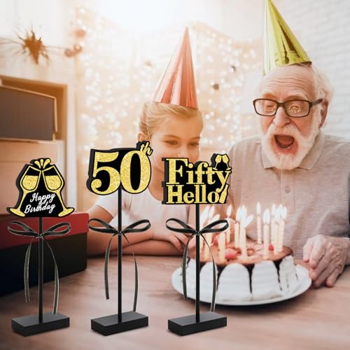 BAOOOFUL 50th Black Gold Glitter Centerpieces for 50th Birthday Table Decorations,Wood Signs Happy Fifty Years Old B-Day T...