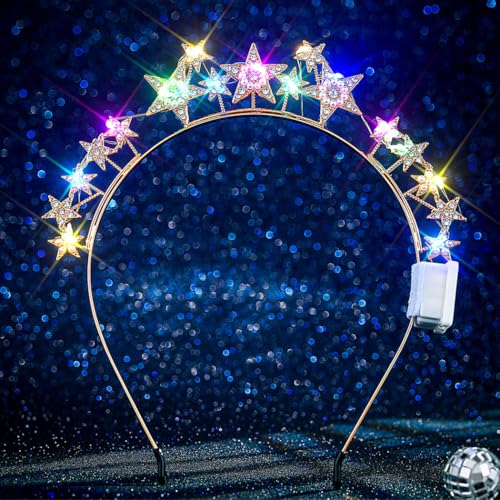 Abien Light Up Star Headband LED Rhinestone Hairband Glitter Star Halo Crown Headpiece Sparkle Birthday Headhoop for Women