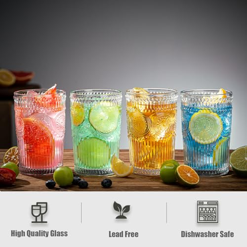 Claplante Vintage Highball Glasses, Set of 8 Glass Drinking Glasses, 13.5 oz Durable Drinkware Cups for Cocktails, Water, ...