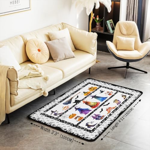 Happy Halloween Area Rug 3'x5',Witch Pumpkin Lantern Decor Non Shedding Rug for Kids Teen Adults,Gothic Style Cartoon Decorative Carpet for Playroom Bedroom Dining Room