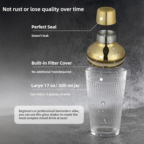FayuuGem Glass Cocktail Shaker, Martini Shaker with Strainer for Bars, Whiskey, Cocktails 17oz (Gold)
