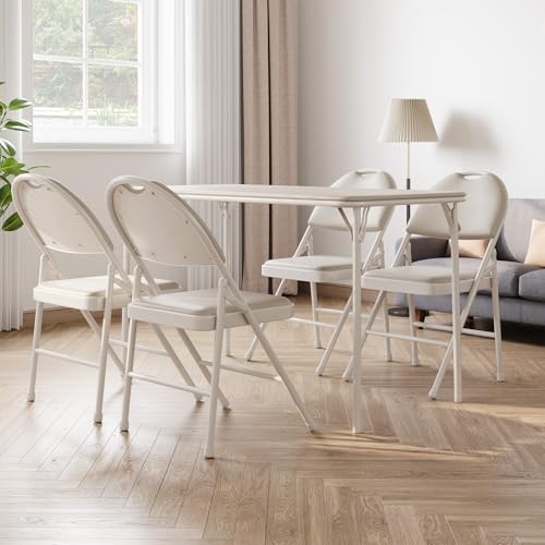 IDEALHOUSE Protable Folding Table and Chairs, 5 Piece Folding Card Table and Chairs Set, Foldable PU Upholstered Table and...