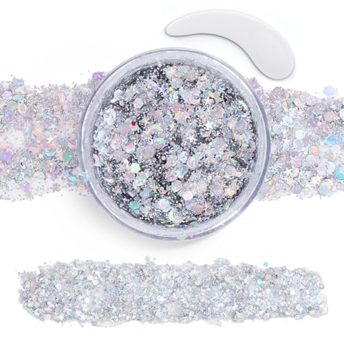 Silver Face Body Glitter Gel,Chunky Hair Glitter for Singer Concerts Silver Face Paint, Makeup Festival Rave Accessories f...