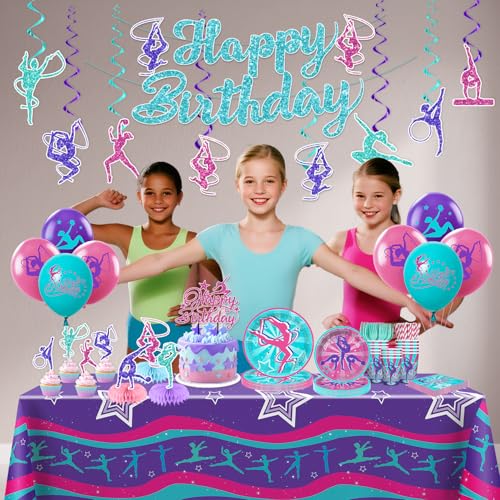 Yingoto 170 PCS Gymnastics Birthday Party Decorations, Serves 20 Guests, with Banner, Balloon, Cake Topper, Plates and Nap...