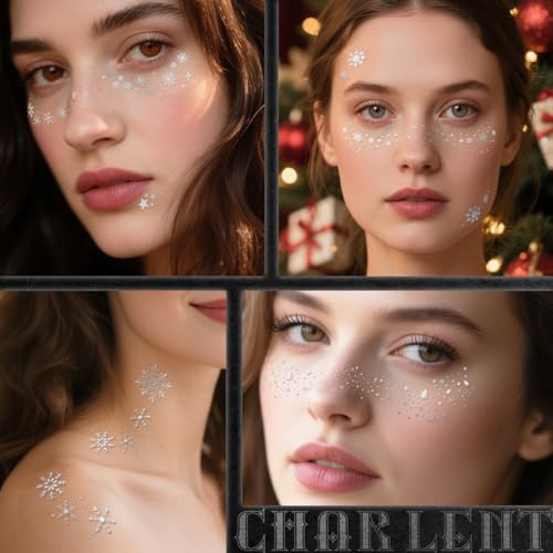 CHARLENT Glitter Snowflake Freckles Face Tattoos - 18 Sheets Waterproof Silver Temporary Makeup Patches for Women Christma...