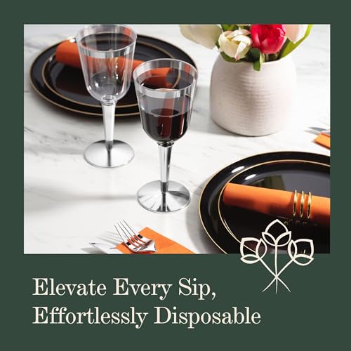 BloominGoods 50 Silver Rimmed Disposable Plastic Wine Glasses | Large 10 oz. Premium Clear Hard Plastic Fancy Wine Cups fo...