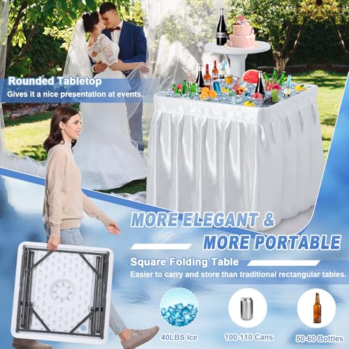 Haddockway Two-Tier Ice Cooler Table, Square Ice Tables for Parties with Drain, Removable Matching Skirt & Rounded Tray, F...