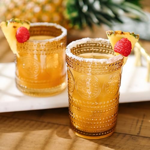 Hobnail Beaded Floral Amber Drinking Glasses Set of 6, (13 oz) Vintage Glassware Set by Kate Aspen| Cocktail Glass Set, Ju...