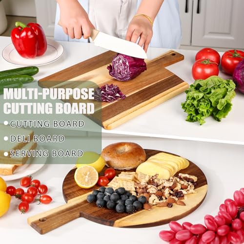 2 Pack Acacia Wood Cutting Board with Stand, Charcuterie Boards for Kitchen, Round & Rectangular Wooden Cutting Board Set ...