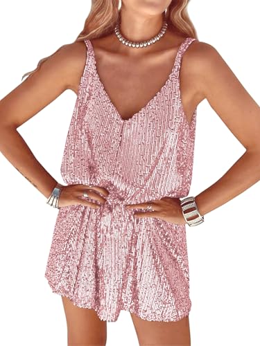 MIYIEONZ Women Sequin Sexy V Neck Shift Dress Sparkly Glitter Sleeveless Short Flowy Loose Party Night Out Club Dress