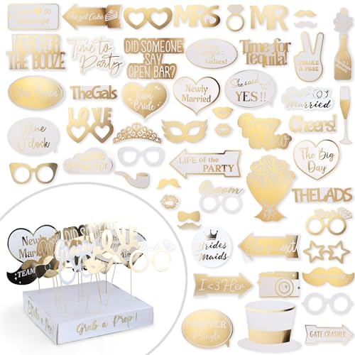 SOUL SHIFT 60PCs Fully Assembled Wedding Photo Booth Props - Prop Stand - Gold Signs - Elegant Wedding & Reception Party S...
