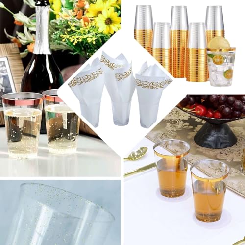 Efavormart 25 Pack Amber Gold Crystal Plastic Tumbler Cups with Gold Rim, Disposable Drinking Glasses Party Cups - 10oz