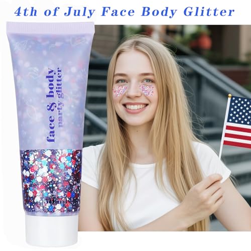 Red White and Blue Body Glitter - 4th of July Outfit Accessories for Women & Kids, USA Flag Face Glitter Makeup, Holograph...