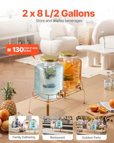 VEVOR Beverage Dispenser, 2 Pack 2 Gallon Drink Dispensers for Parties, Glass Juice Dispenser with Metal Stand, Stainless ...