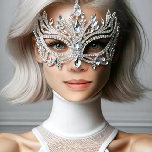 STONEFANS Rhinestone Masquerade Mask Full Face Jewelry for Women Mardi Gras Mask Crystal Face Chain Jewelry