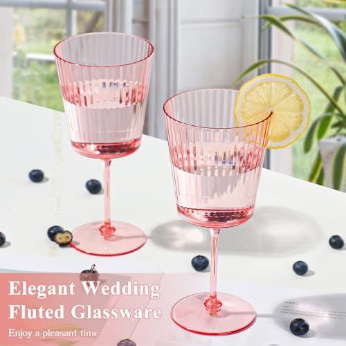 12 PCS Pink Plastic Wine Glasses with Removable Stems 13.5 Oz Pink Ribbed Wine Glasses Square White Wine Glass Muted Paste...