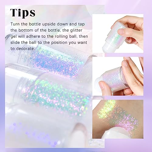 HOSAILY 2 Colors Roll-on Body Glitter Gel, Holographic Glitter Gel Under Light for Face Hair, Body Shimmer for Rave Access...