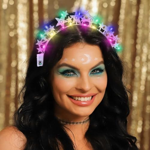 DRESBE Light Up Star Headband New Year LED Rhinestone Headbands Glow NYE Party Hair Accessories for Women (Silver)