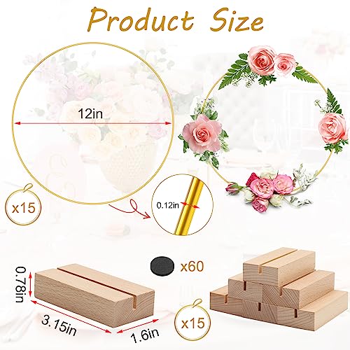trophable 15Pcs 12 Inch Metal Floral Hoop Centerpiece with 15 PCS Wood Place Card Holders and Adjustable Foot Pads, Gold W...