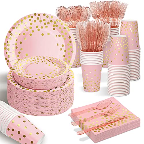 AIRE 175PCS Pink Rose Gold Plates Party Supplies Severs 25 Guests Disposable Party Decorations, Plastic Forks Knives Spoon...