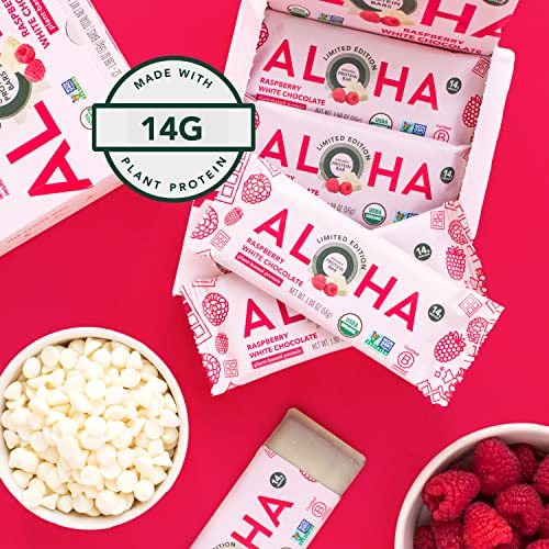 ALOHA Organic Plant Based Protein Bars | Raspberry White Chocolate | 12 Count, 1.98oz Bars | Vegan, Low Sugar, Gluten Fre...