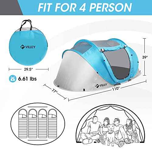 VILLEY 4 Person Easy Pop Up Tent, Waterproof Automatic Setup Instant Lightweight Camping Beach Tent with Carrying Bag for Camping, Hiking & Traveling