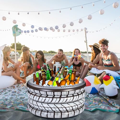 Soulchen 150+ Cans Inflatable Tire Tubes Cooler Large Capacity Inflatable Floating Ice Cooler with Pump Ice Buffet Food Dr...