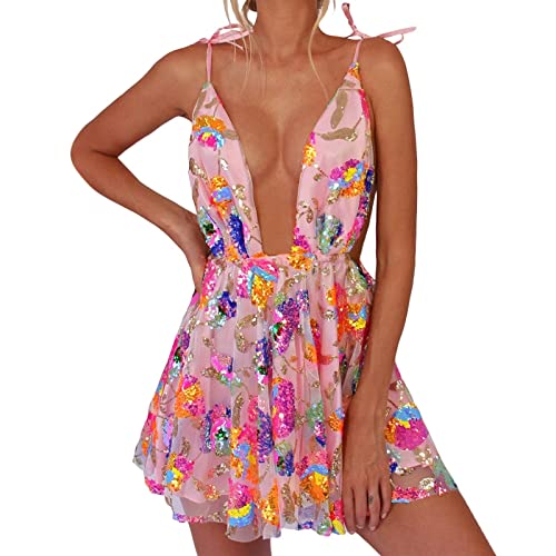 Women's Sequin Dress Sexy Sparkly Floral Summer Backless Deep V Low-Cut Shiny Strap Mini Dress for Party Cocktail Clubwear