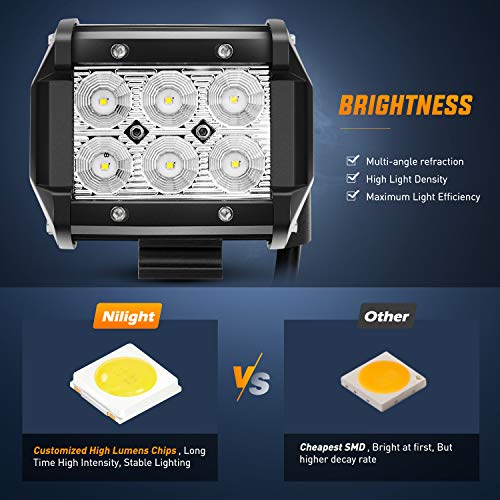 Nilight 4 Inch LED Light Pods 2PCS 18W Flood Fog Light Bar with 12V 5Pin Rocker Switch TE Connector Wiring Harness Kit-2 L...