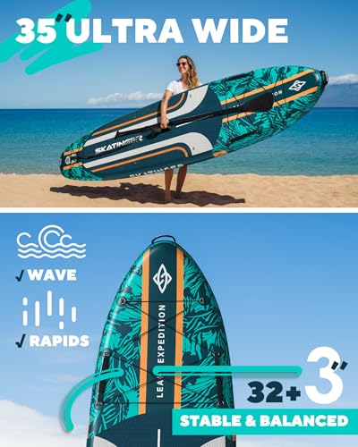 Skatinger Leafy Green & Blue Bundle｜11'6"x35" Super Wide Inflatable Stand Up Paddle Boards, All Accessories2, 100L Backpac...