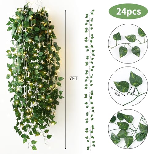 CEWOR 24 Pack 173ft Fake Ivy Vines, Artificial Ivy Garland with 200 LED String Lights, Hanging Plants Greenery Backdrop Gr...