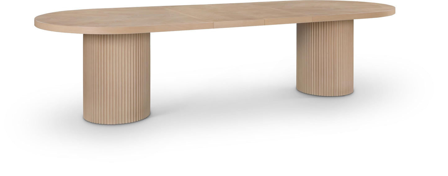 Meridian Furniture 725Oak-T Belinda Collection Mid-Century Modern Solid Wood White Oak Veneer Dining Table, Oval Design, Fluted Bases, 2 Leaves Included, 90"/106.5"/123" W x 47.5" D x 31" H, White