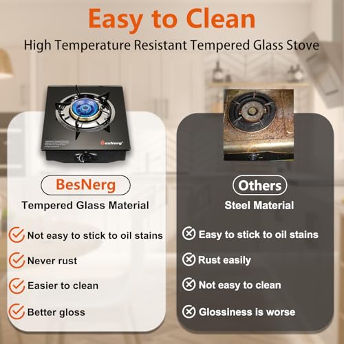BesNerg Propane Stove 1 Burner Gas Stove, 14500 BTU High-Efficiency Auto Ignition Tempered Glass LPG Cooktop with CSA Regu...
