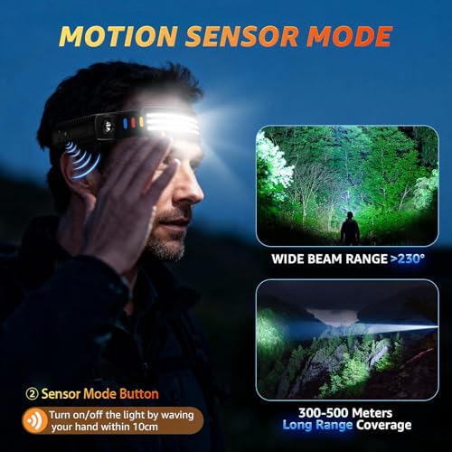(3-Pack) Headlamp Rechargeable, 230° COB Wide Beam Head Lamp Headband with Motion Sensor, 5 Modes Headlight Led Head Band,...