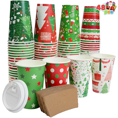 JOYIN 48 Pcs Merry Christmas Disposable Cups with Sleeves and Lids, 8 Designs Xmas Drinkware 16 oz Paper Cup For Hot Choco...