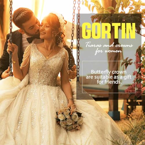 GORTIN Butterfly Crown and Tiara Gold Light up Flower Bride Wedding Headpiece Pearl Headband Bridal Hair Accessories for W...