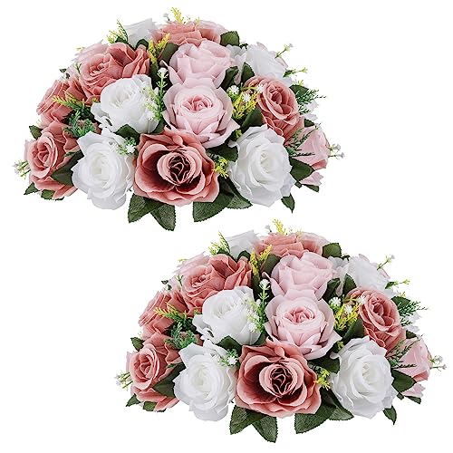 NUPTIO Large Flower Balls for Centerpieces - 2 Pcs 13.8in Diameter Dusty Rose & White Artificial Flower Ball Arrangement B...