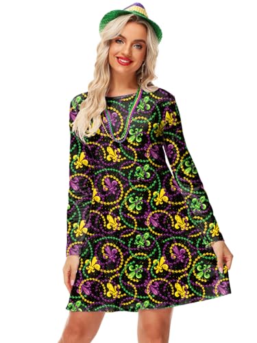 Deerose Women Vanlentine Dress Long Sleeve Mardi Gras Holiday Printed A Line Dresses with Pockets