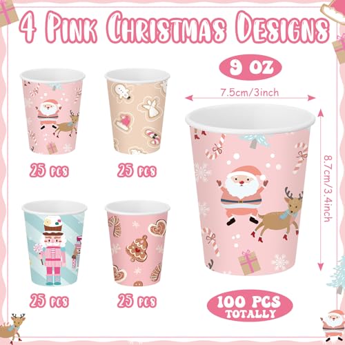 Maxcheck 100 Pcs Pink Christmas Paper Cups 9 oz Disposable Pink Snowflakes Elk Xmas Coffee Cups Hot Drink for Xmas Holiday...