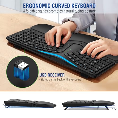 EDJO Ergonomic Wireless Keyboard Rechargeable, Bluetooth/2.4G Wireless Keyboard with Cushioned Wrist Rest, Multi-Device, S...