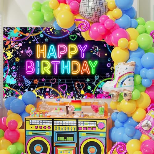 Mocsicka Neon Birthday Backdrop Banner Glow in The Dark Neon Birthday Party Decorations Glow Graffiti Splatter Photography...
