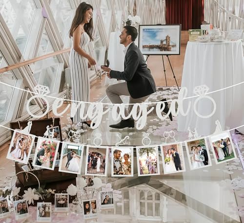 Pre-Strung Engaged Photo Banner - Silver Glitter Engagement Party Decoration Supplies with Romantic Memories Picture Card ...