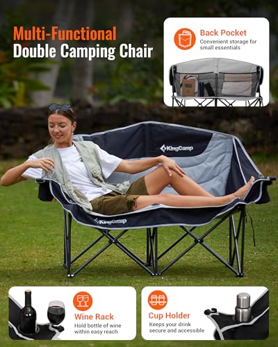 KingCamp Double Camping Chair Oversized Padded Chairs Folding Portable Loveseat Heavy Duty Comfy Camp Chair for Outdoor La...