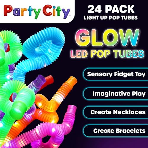 Party City 24pk LED Light Up Pop Tubes 25”- 3 Mode Stretchy Tubes LED Light Up Toys Bulk Glow Sticks Party Favors for Kids...