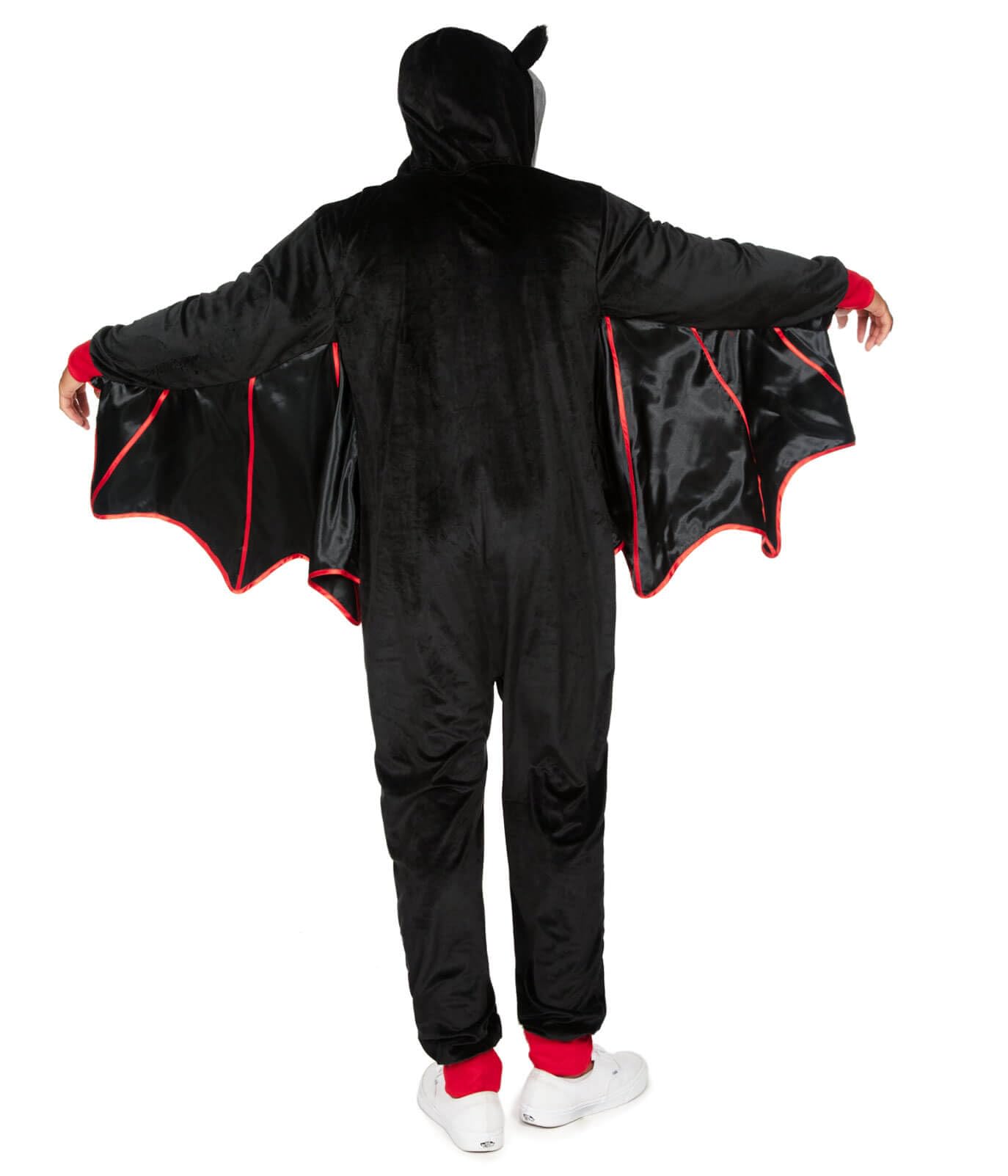 Tipsy Elves Men's Bat Halloween Costume - Funny Flying Animal Halloween Jumpsuit with Attached Wings - Black Bat Halloween Costume Including Hood with Integrated Teeth and Stuffed Ears Size Large