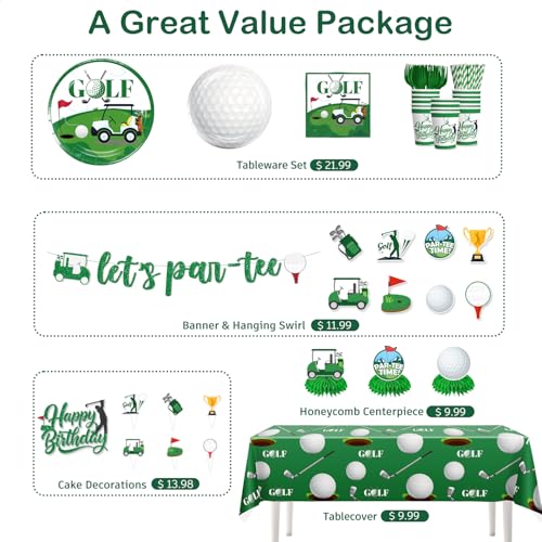 192pcs Golf Party Decorations, Golf Birthday Decorations with Golf Plates and Napkins Set, Pennant Banner Tablecloth Cupca...