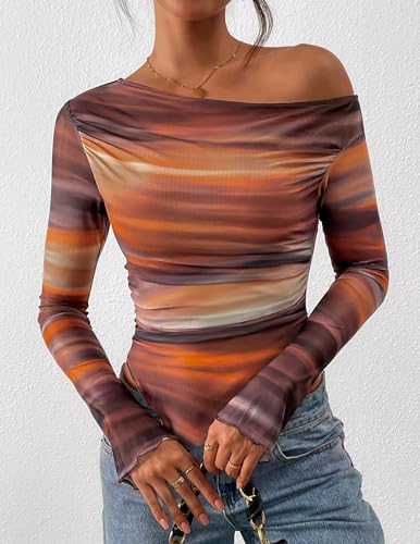 PRETTYGARDEN Womens Fall Trendy Off Shoulder Y2k Tops 2026 Tie Dye Mesh Long Sleeve Shirts Asymmetrical Ruched Floral Blouse