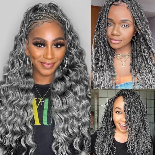 KRN Grey Deep Wave Bulk Human Braiding Hair 2 Bundles/Pack 100g Curly for Boho Braids 12A Salt And Pepper No Weft Wet and Wavy Gray 20 Inch